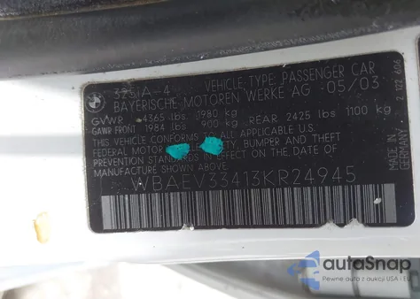 2003 BMW 325I from USA, damaged, VIN WBAEV33413KR24945